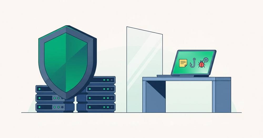 A shield protects the server, but device-side risks like phishing and malware remain on the user's side
